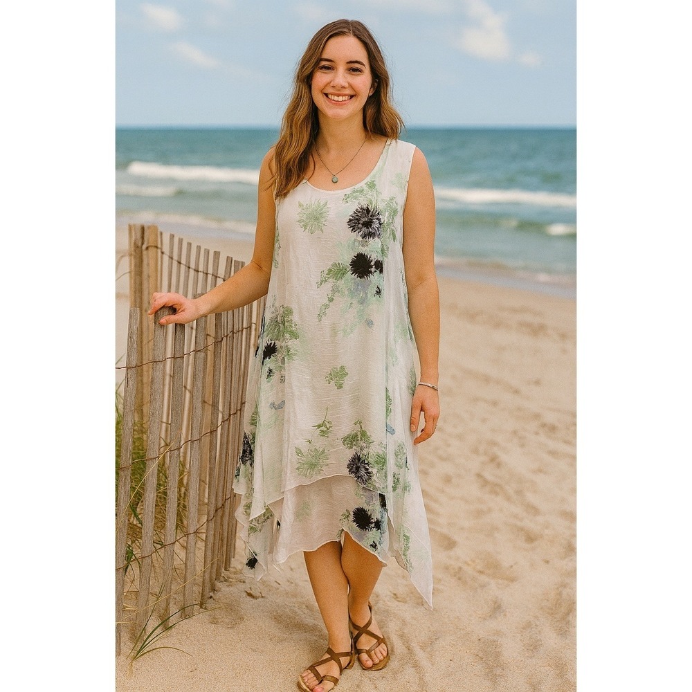 Boho Fairy Coastal Sleeveless Summer White Floral Layers Tank 2X Maxi Dress NWT
